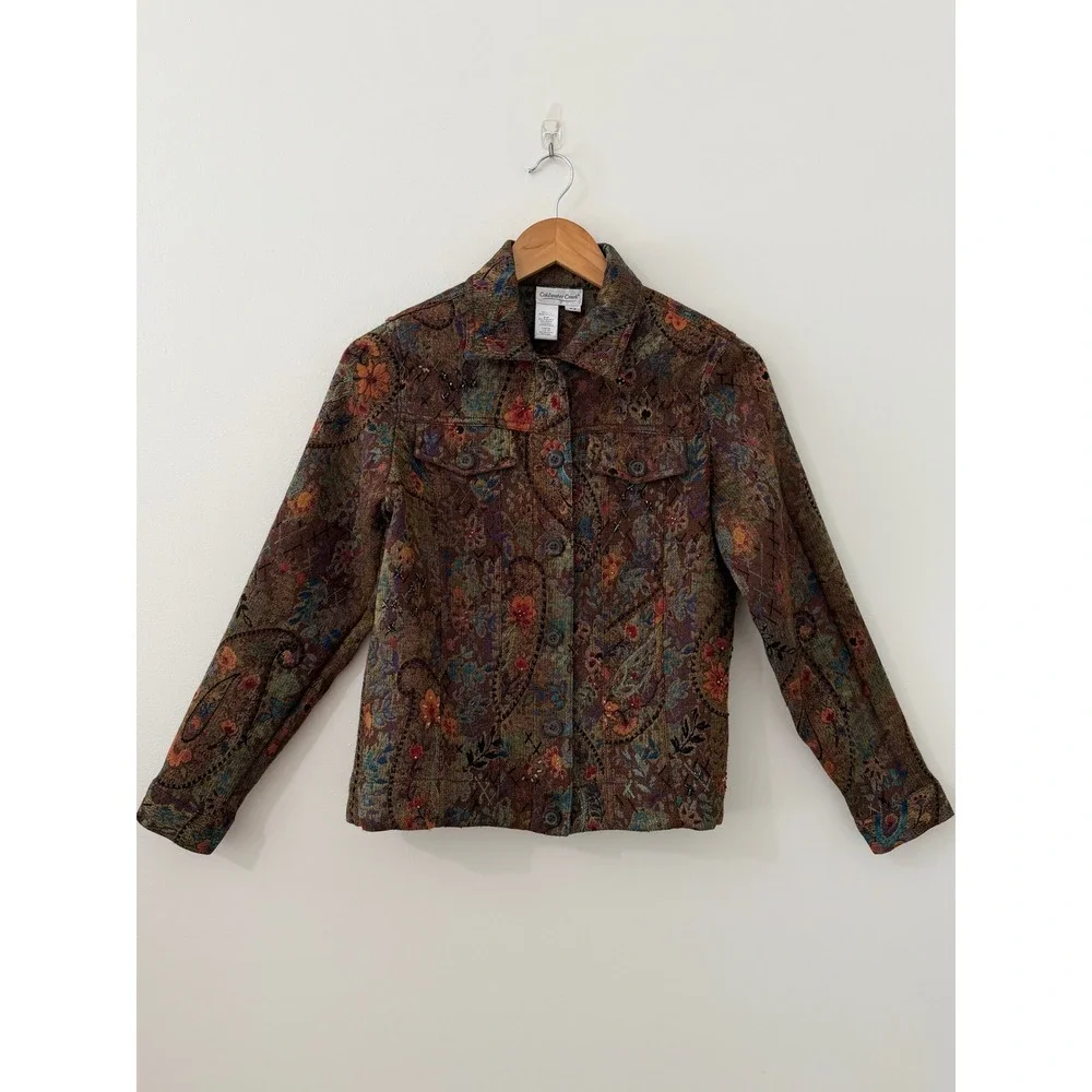 Vintage Y2K Coldwater Creek Tapestry Jacket PS Boho Beaded Floral Paisley Fall